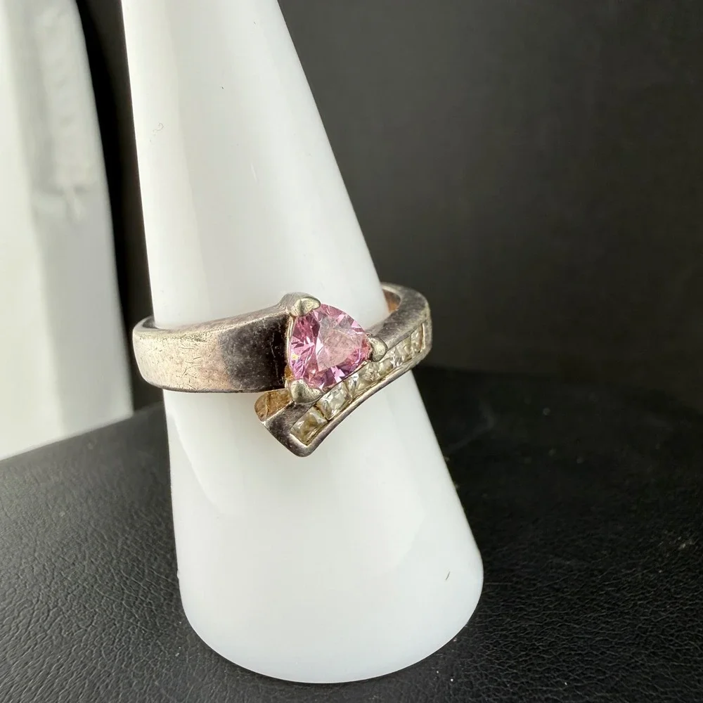 Vintage IBB Ring Pink Heart Trillion Bypass Sterling Silver Size 8.25 READ